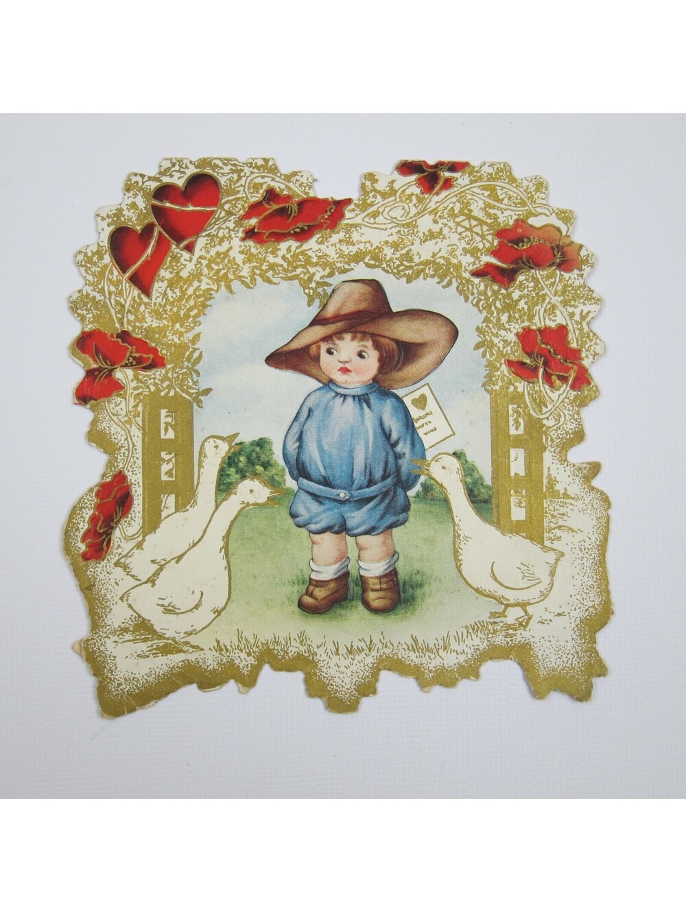 Vintage Valentine Card Boy Blue & Brown Hat White Goose Red Gold Die cut Bifold
